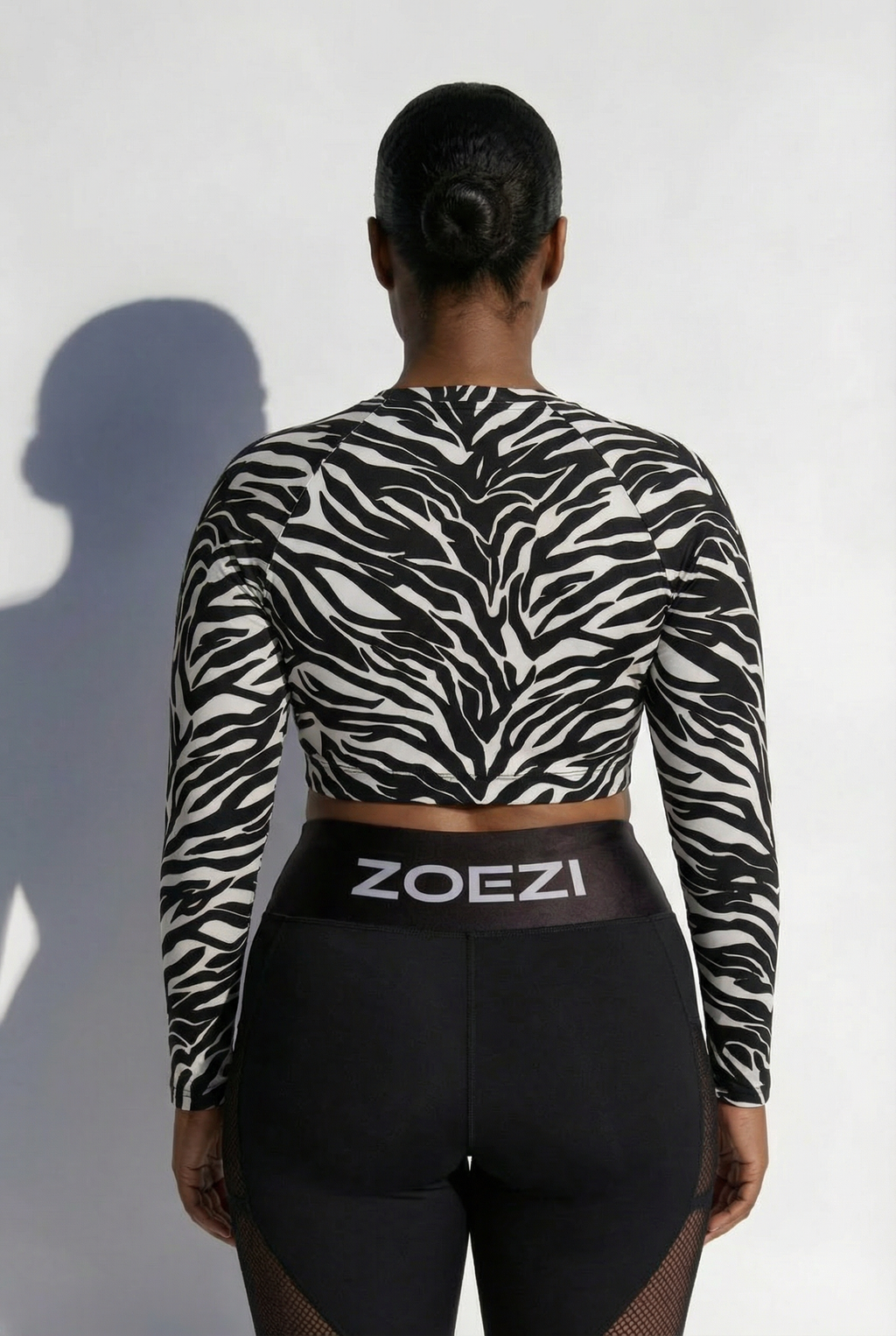 Mkali Noir Tiger Print Buttery Soft Long Sleeve Crop Top Black Trim