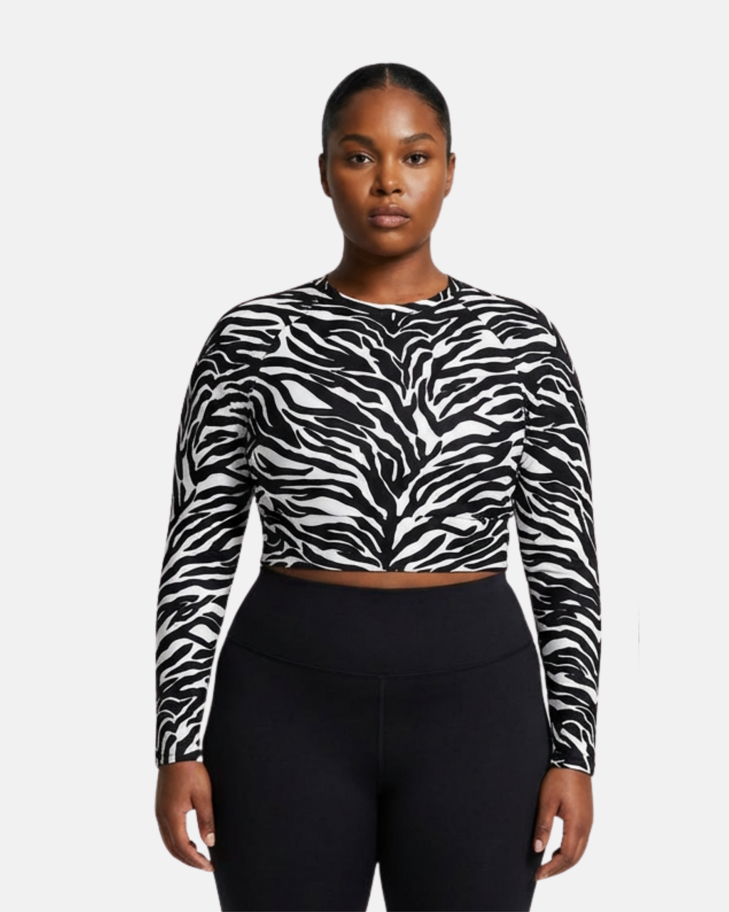 Mkali Noir Tiger Print Buttery Soft Long Sleeve Crop Top Black Trim
