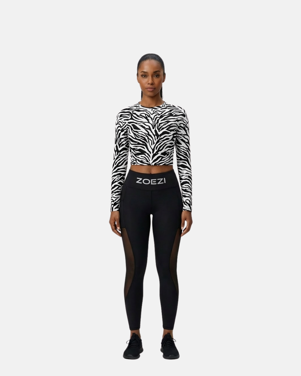 Mkali Noir Tiger Print Buttery Soft Long Sleeve Crop Top White Trim
