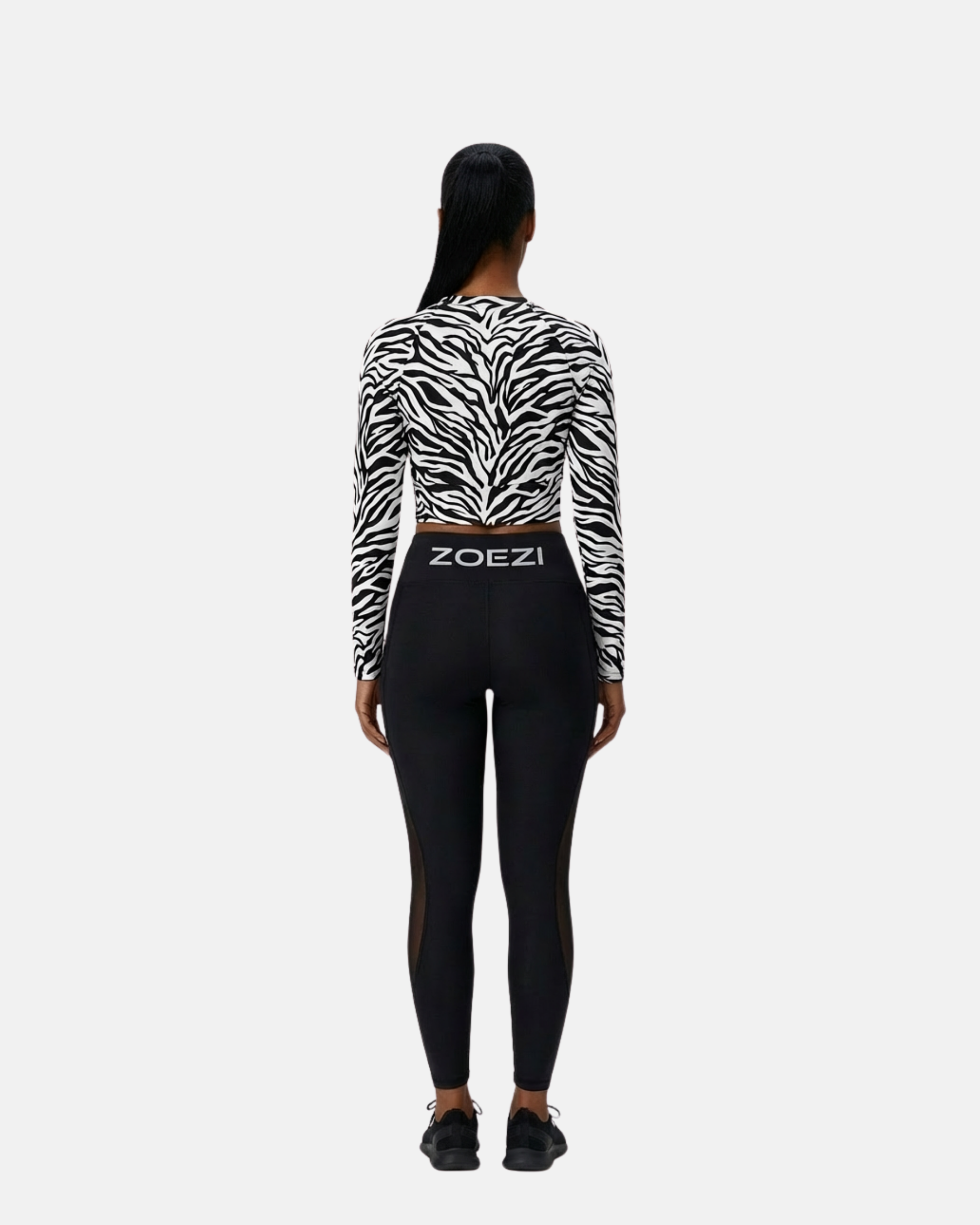 Mkali Noir Tiger Print Buttery Soft Long Sleeve Crop Top White Trim