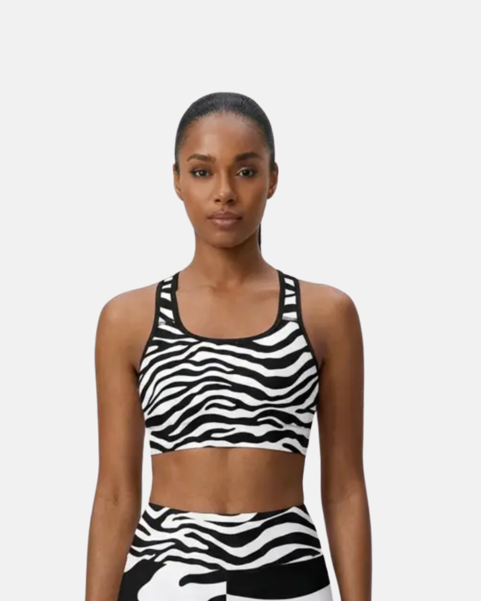 Milia Noir Zebra Print Buttery Soft Sports Bra Black Trim